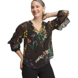 Chico's Chiffon Floral Ruffle Sleeve Ikat Blouse 18